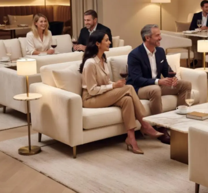 Espace salon convivial où des invités échangent autour d'un verre