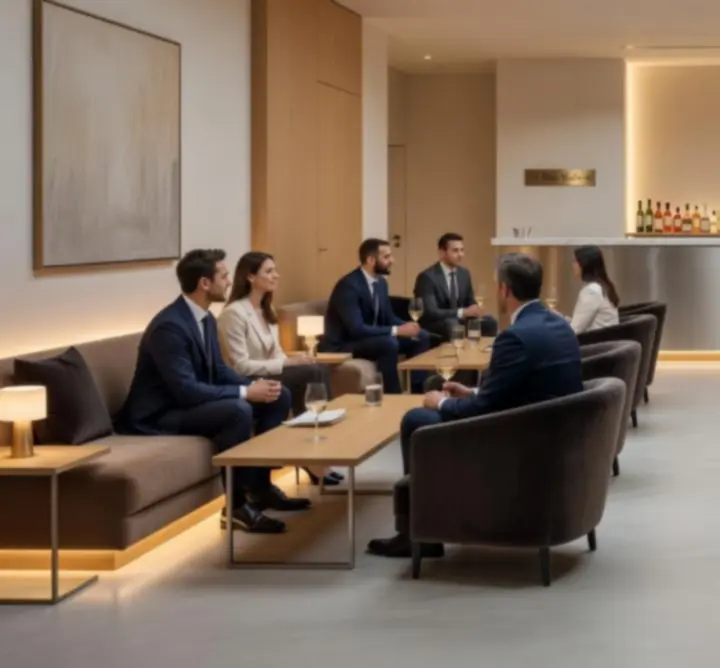 Lounge Gambenu préparé pour un événement d'entreprise élégant.