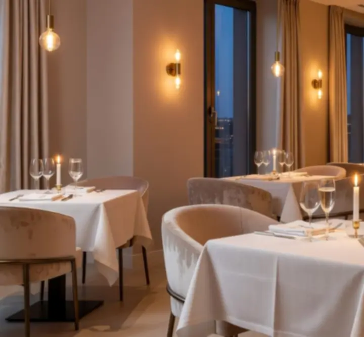 Salle de restaurant chaleureuse chez Gambenu avec tables élégantes et lumière dorée.