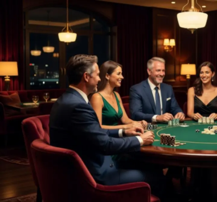 Soirée poker conviviale autour d’une belle table, dans une ambiance élégante et détendue.